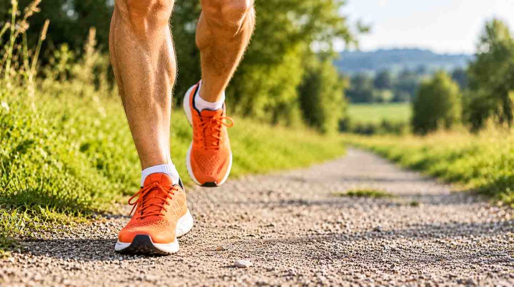 Laufschuhe bei Schienbeinkantenschmerzen Läufer mit Laufschuhen auf einem Feldweg