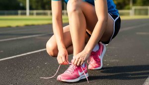 Laufschuhe schnüren vor Wettkampf
