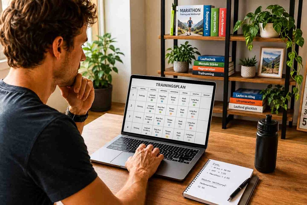 Läufer plant sein Marathontraining mit einem digitalen Trainingsplan