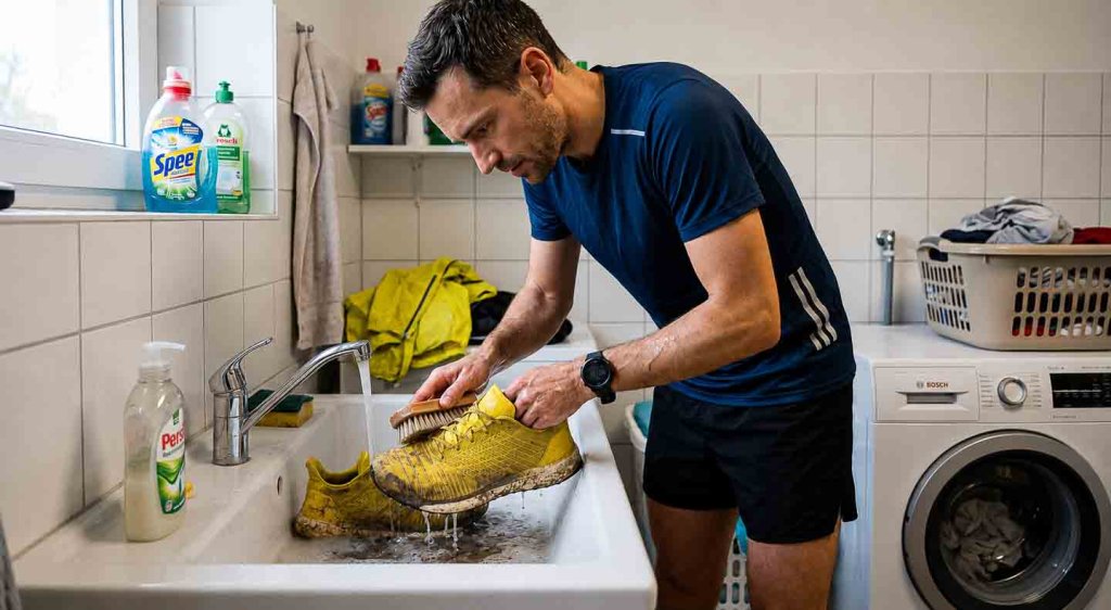 Läufer wäscht seine Laufschuhe nach einem Trainingslauf