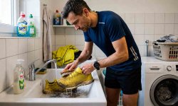 Läufer wäscht seine Laufschuhe nach einem Trainingslauf