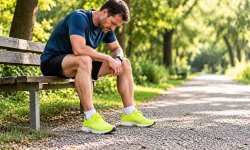 Läufer sitzt nach dem Lauf erschöpft auf einer Parkbank