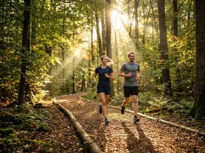 Genussvolles Joggen auf einer Finnenbahn im Wald
