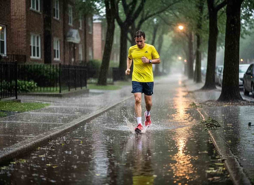 Laufen bei starkem Regen mit wasserdichten Laufschuhen Laufen mit wasserdichten Laufschuhen bei starkem Regen