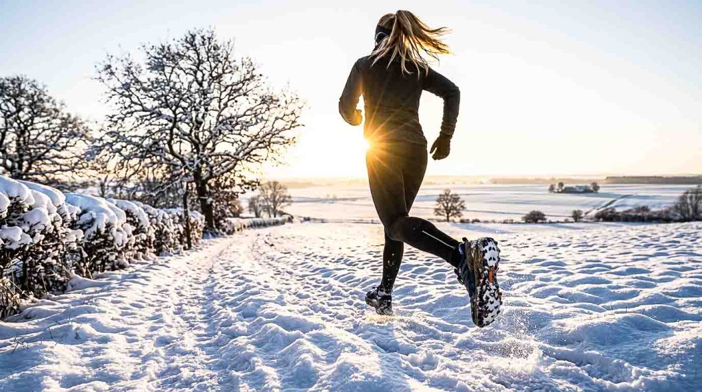 Snow Running – Laufen im Schnee geniessen Läuferin beim Snow Running in verschneiter Winterlandschaft