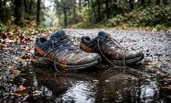 Wasserdichte Laufschuhe auf nassem Untergrund