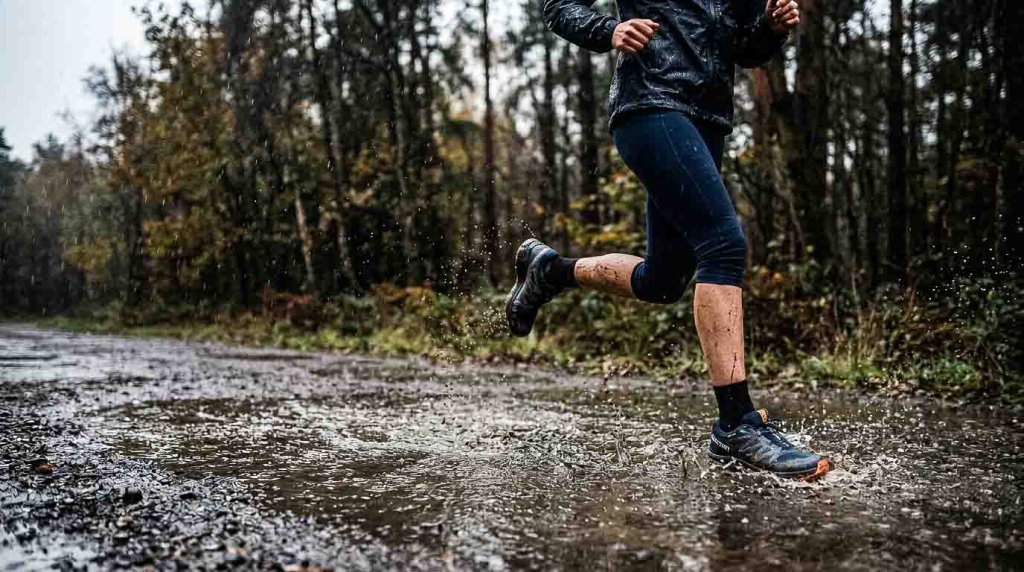 Wasserdichte Trail-Laufschuhe auf nassem Waldweg Wasserdichte Trail-Laufschuhe auf nassem Waldweg