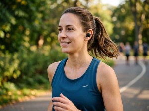 Läuferin verbessert mit Musik und In-Ear-Kopfhörern ihre Schrittfrequenz beim Laufen