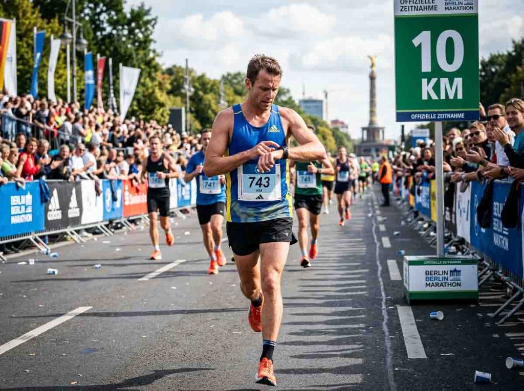 Läufer kontrolliert bei Kilometer 10 seine Zeit während eines Wettkampfs