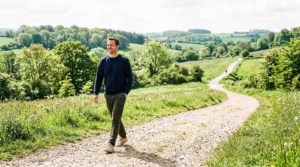 Aktive Erholung nach dem Marathon Mann bei einem ruhigen Spaziergang durch eine hügelige Landschaft