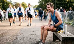 Erschöpfter Läufer erholt sich nach dem Marathonlauf