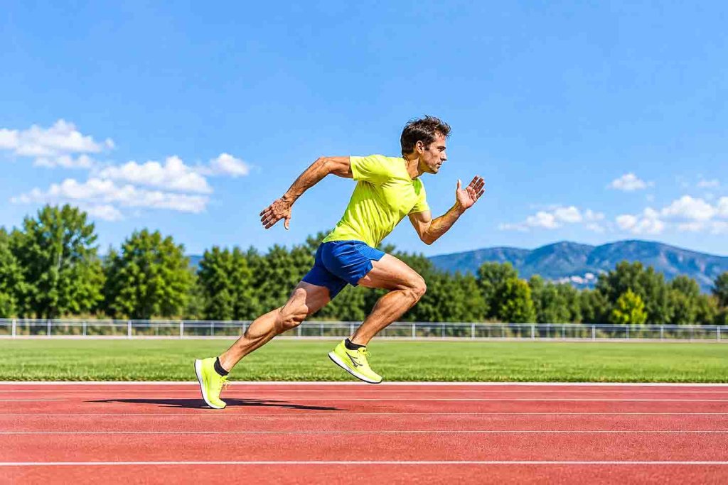 Steigerungsläufe beim Laufen – Lauftechnik und Tempo verbessern Läufer beim Steigerungslauf auf einer Laufbahn mit dynamischem Kniehub und aktivem Armeinsatz