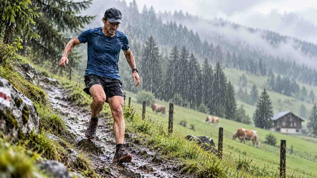 Bergablaufen bei Regen auf nassem Untergrund Läufer beim Bergablaufen auf einem nassen Bergweg