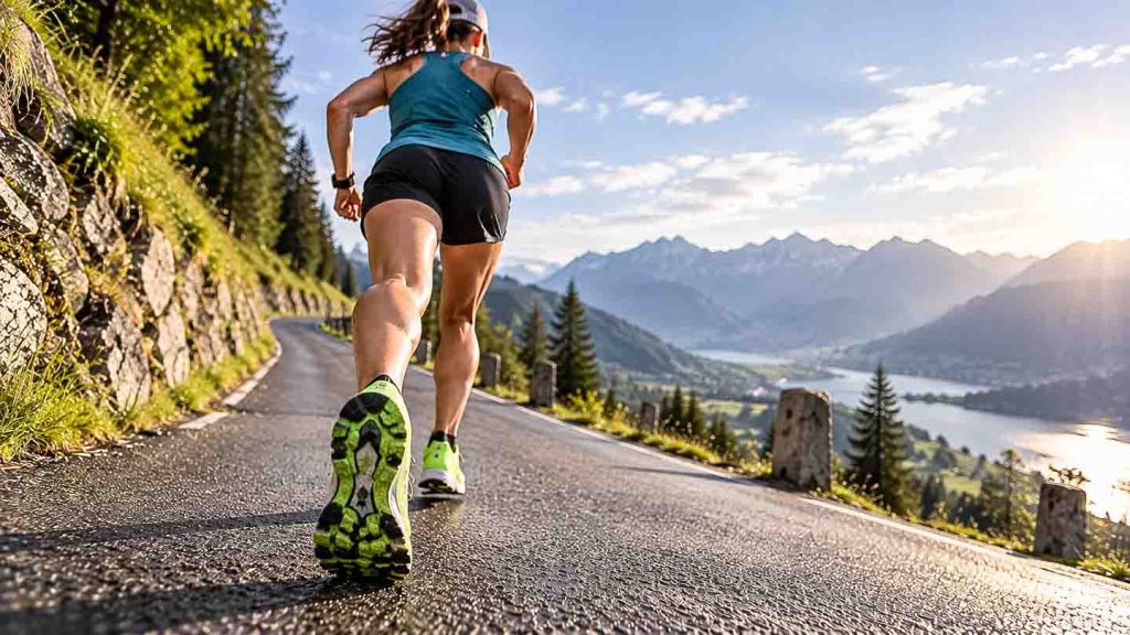 Bergauf laufen – Lauftechnik an der Steigung Läuferin beim Bergauflaufen auf einer asphaltierten Bergstrasse