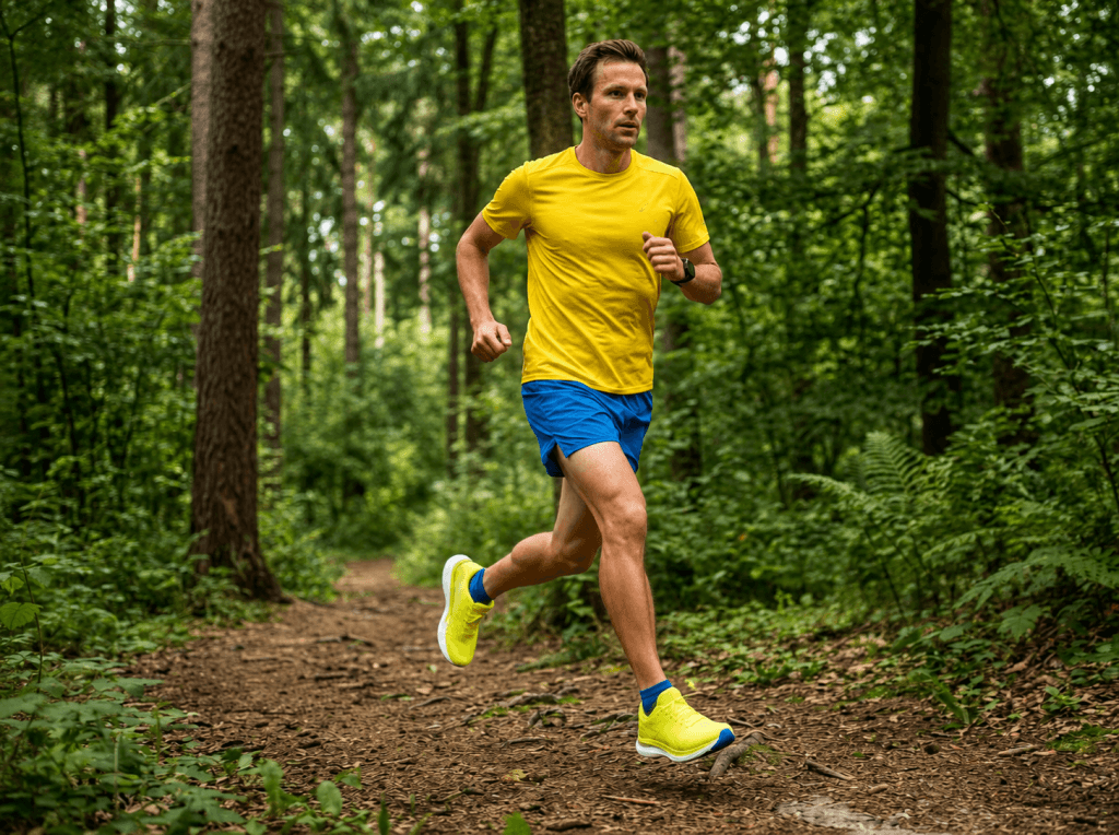 Joggen ist nicht grundsätzlich schädlich für die Knie Mann beim Joggen auf einem Waldweg