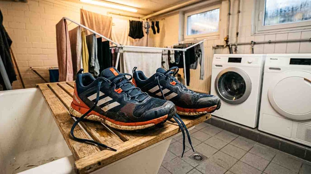 Nasse Laufschuhe nach dem Laufen bei Regen zum Trocknen