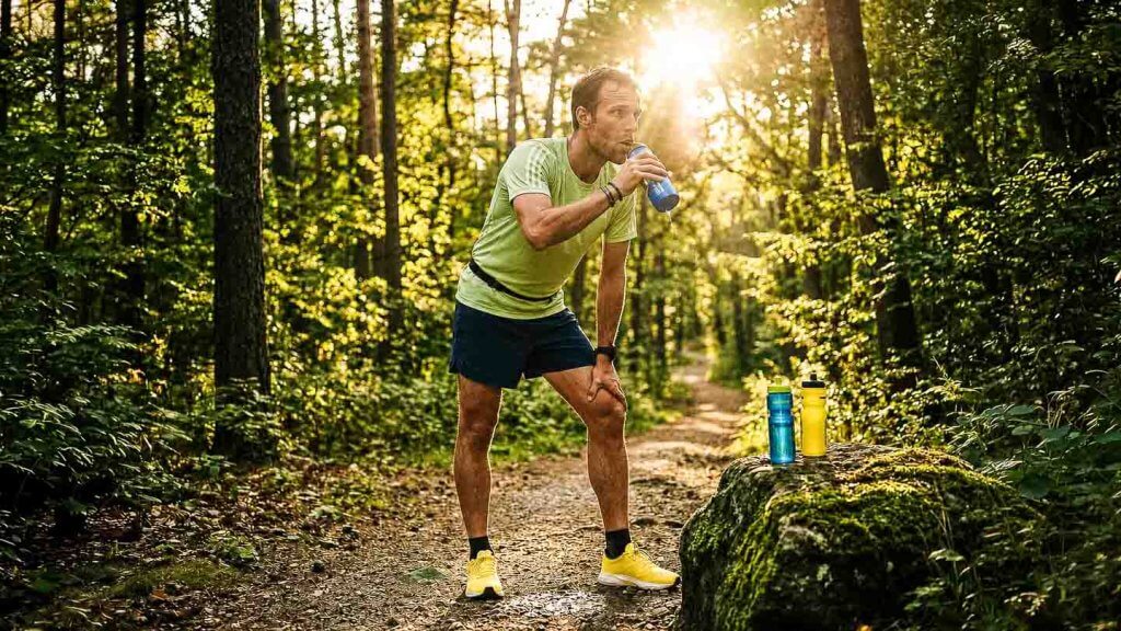 Läufer trinkt bei einem Longjog aus einer unterwegs deponierten Flasche