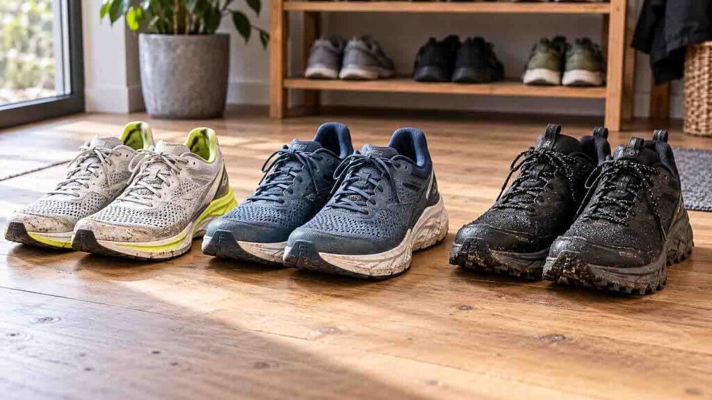 Drei unterschiedliche Paar Laufschuhe für das Marathontraining