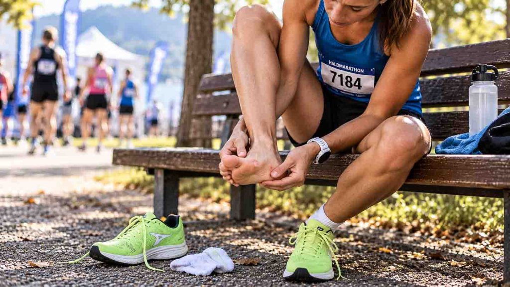 Blase am Fuss nach dem Laufen Läuferin begutachtet Blase am Fussballen nach dem Lauf