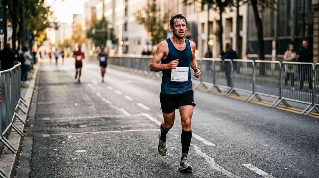 Erschöpfter Läufer bewältigt eine schwierige Phase des Marathons