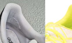 Durchgescheuerte Fersenkappe an einem Sneaker links und an einem Laufschuh rechts