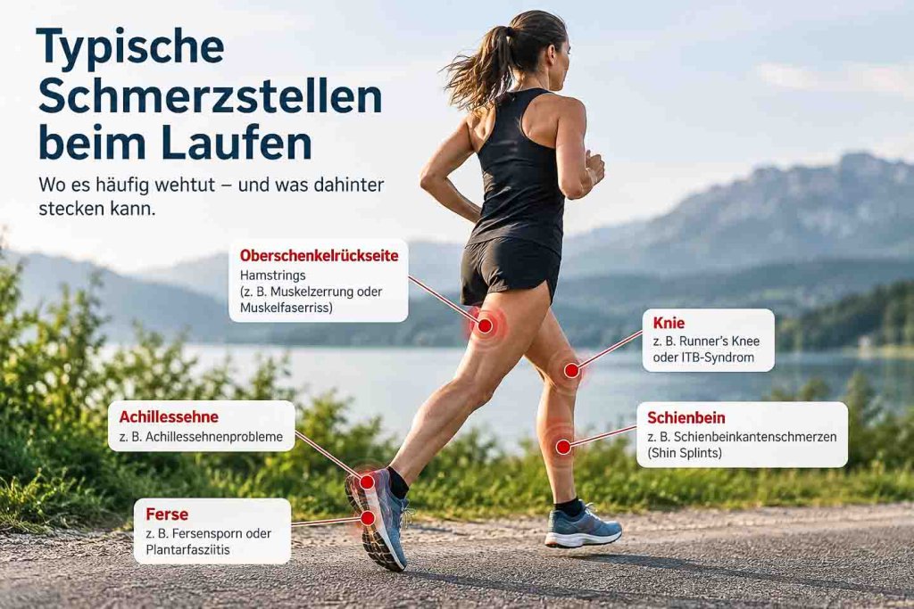 Typische Schmerzstellen beim Laufen an Knie, Schienbein, Achillessehne, Ferse und Oberschenkel