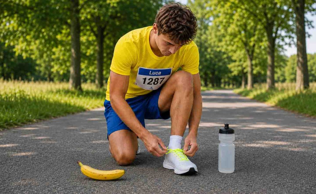 Laufschuhe richtig schnüren - Läufer kontrolliert die Schnürung