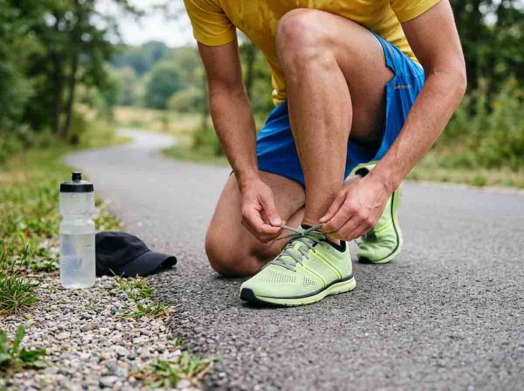 Läufer schnürt seine Laufschuhe vor dem Lauftraining