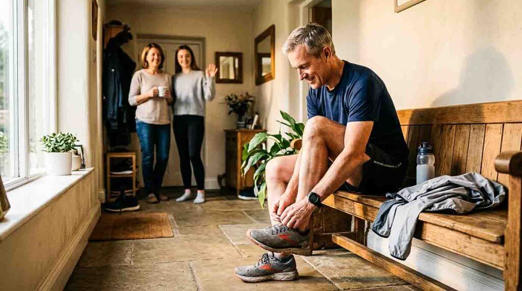 Marathontraining mit der Familie abstimmen Läufer bereitet sich auf einen langen Lauf vor und verabschiedet sich von seiner Familie