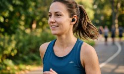 Läuferin hört mit In-Ear-Kopfhörern Musik beim Joggen