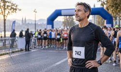Nachdenklicher Läufer vor dem Start eines Marathons