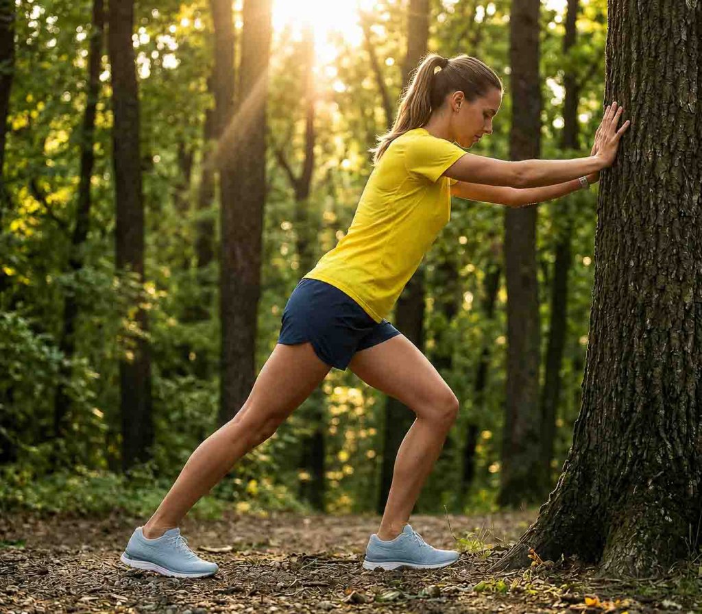 Läuferin dehnt nach dem Lauftraining die hintere Wadenmuskulatur