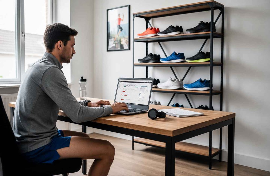 Läufer sitzt vor dem Laptop und plant sein Trainingsjahr selbst