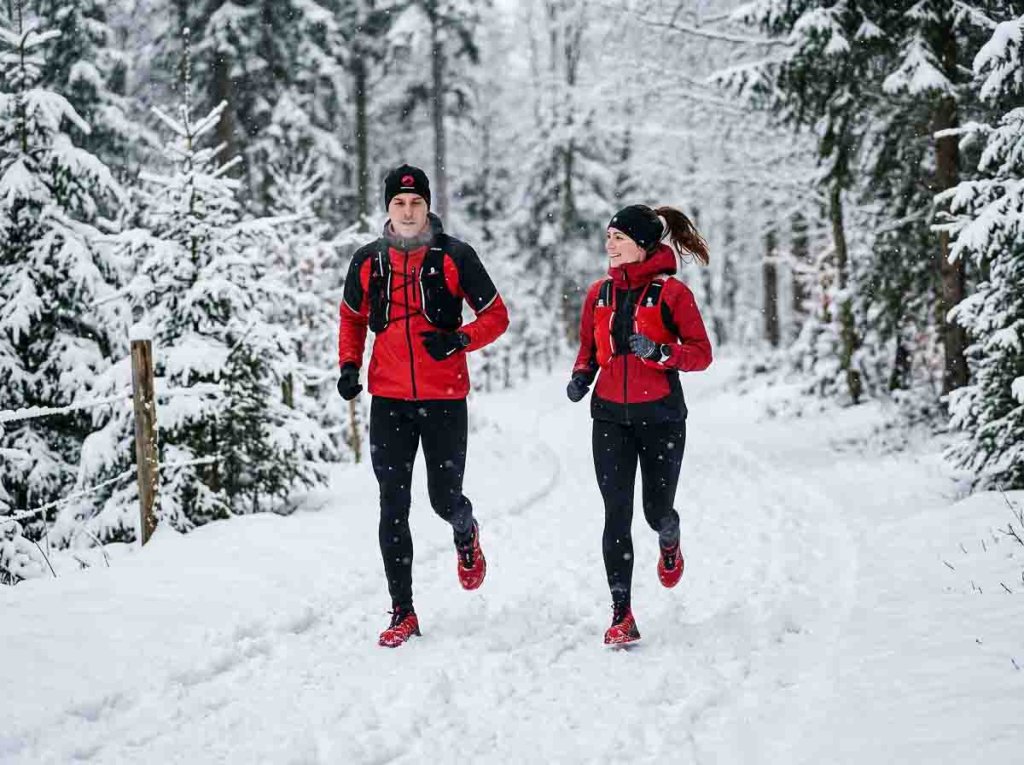 Läufer und Läuferin trainieren im Winter bei Schneefall