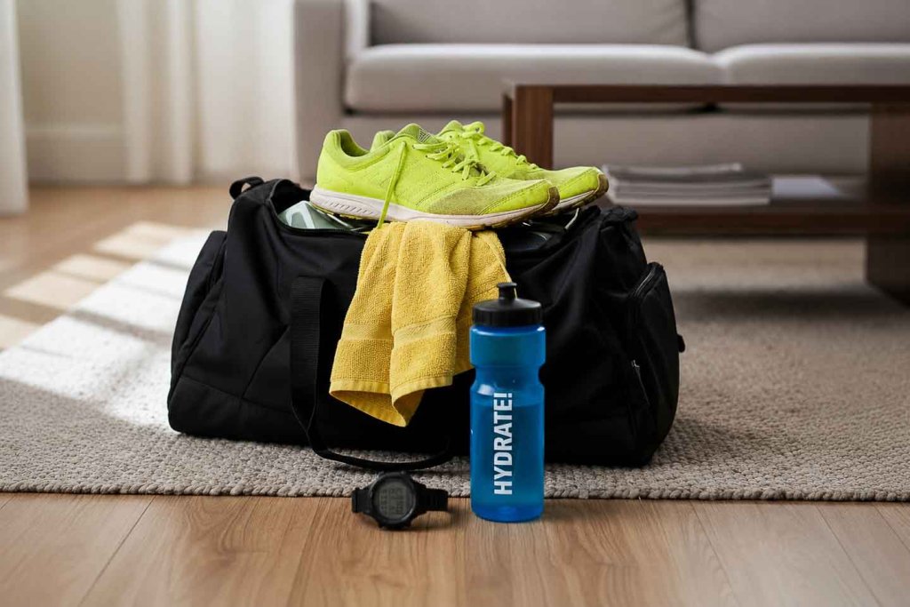 Training selbst planen Sporttasche mit Laufschuhen und Trinkflasche