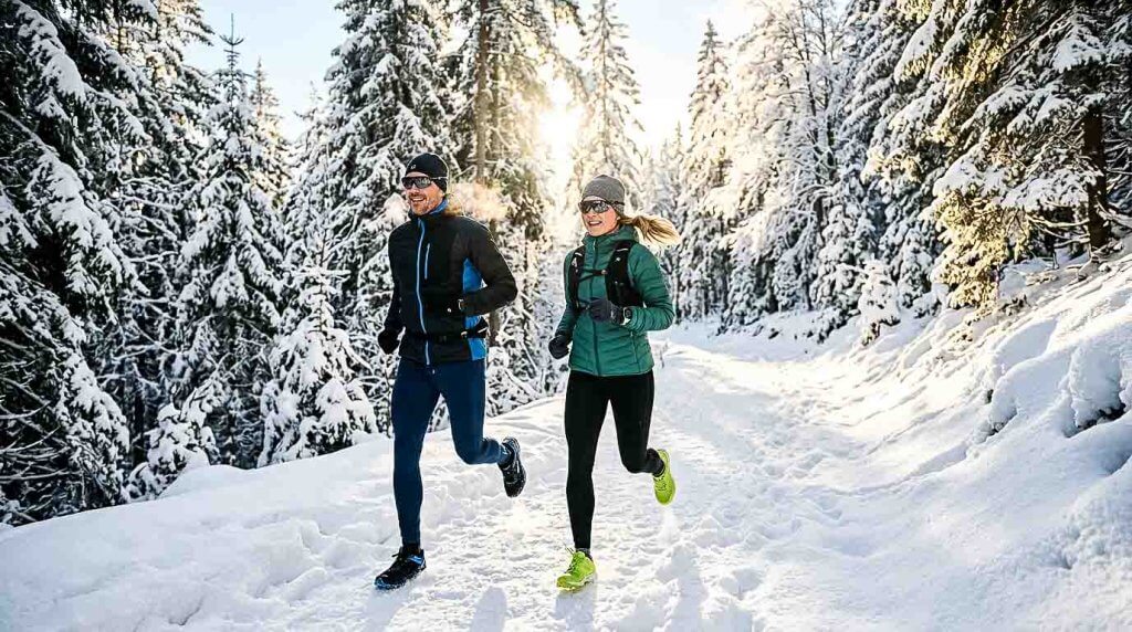 Laufen im Winter – Lauftraining auf Schnee Läufer und Läuferin beim Laufen im Winter auf verschneitem Waldweg