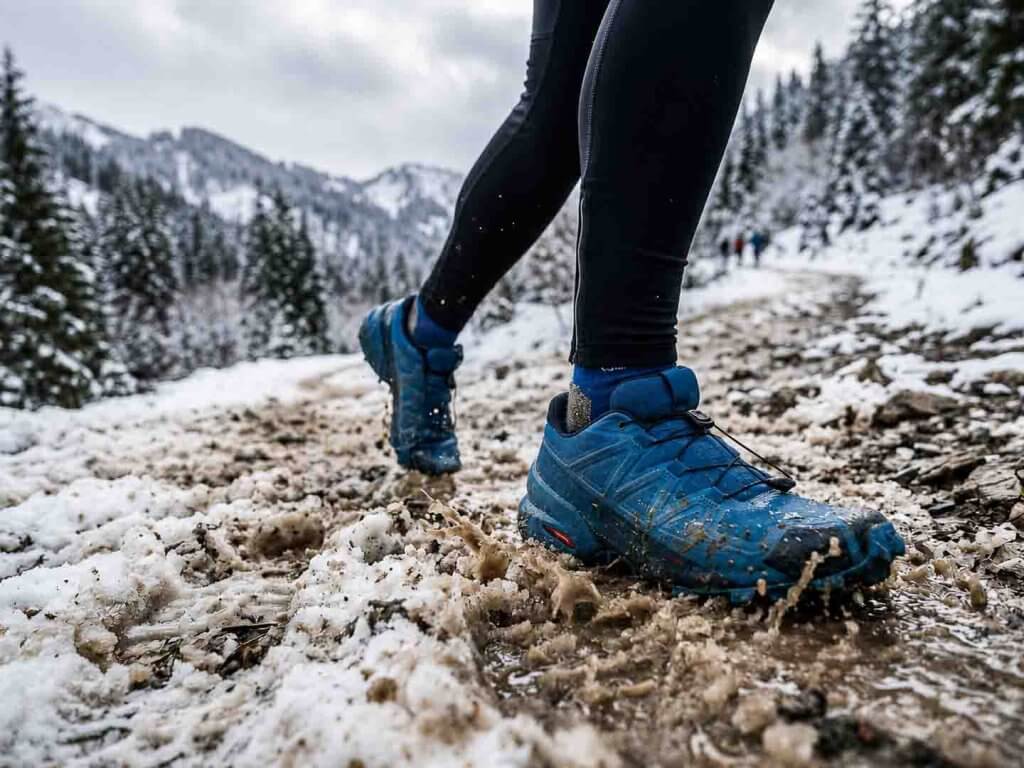 Laufschuhe für Schnee und Nässe Laufschuhe bei Schnee und Nässe auf matschigem Winterweg