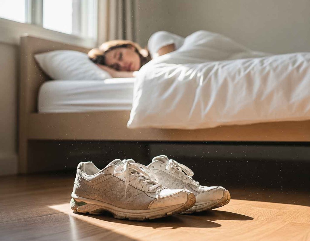 Am Marathontag genug früh aufstehen Läuferin schläft und hat ihre Laufschuhe vor dem Bett bereitgestellt