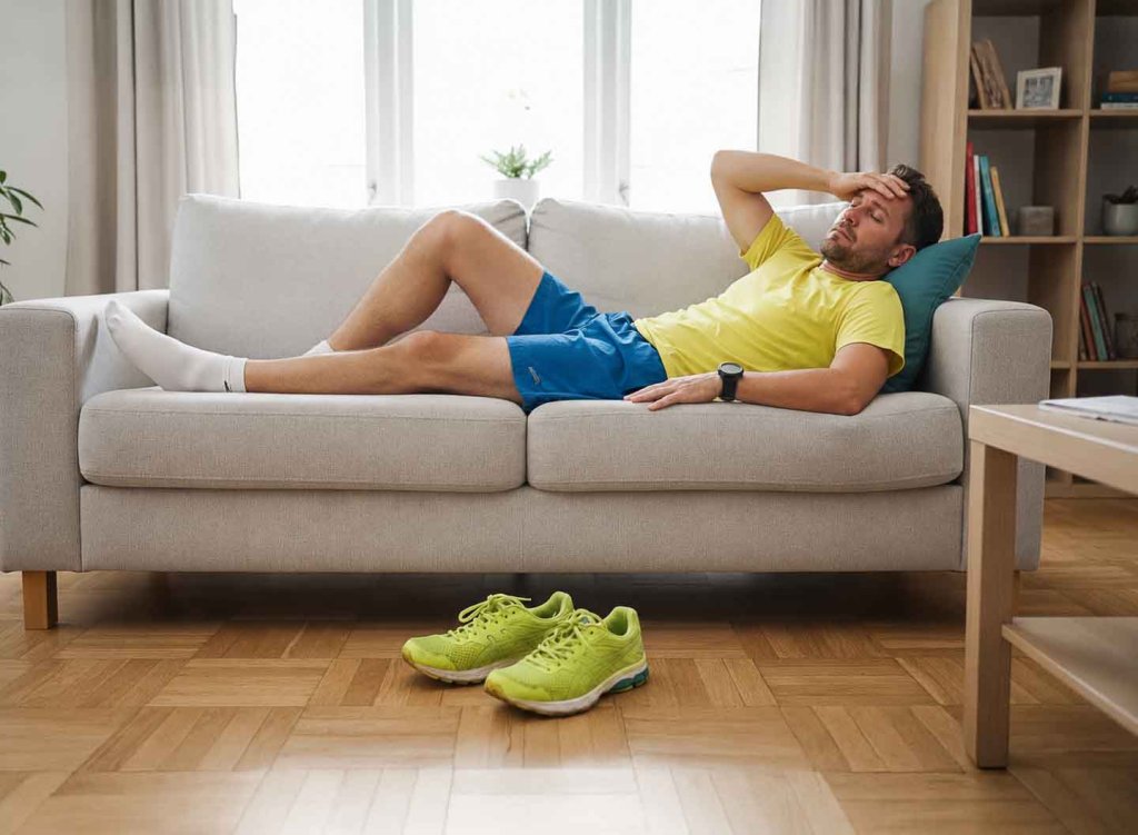 Läufer liegt nach einem Wettkampf mit Kopfschmerzen auf dem Sofa