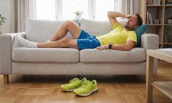 Läufer liegt nach Lauftraining mit Kopfschmerzen auf dem Sofa