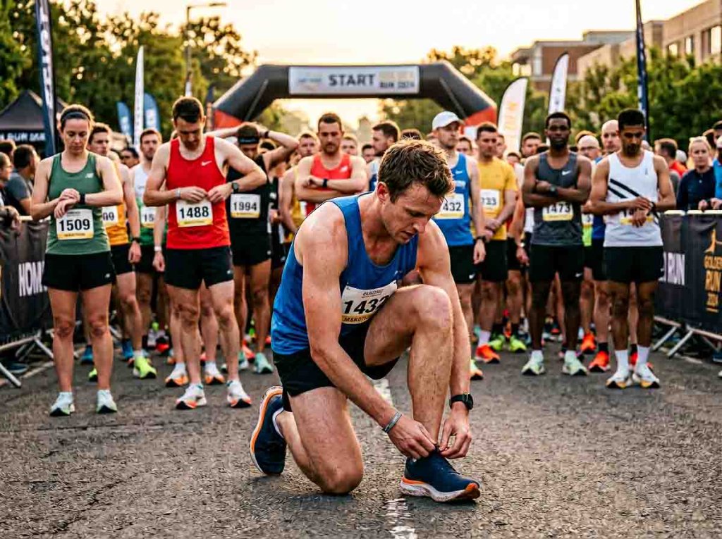 Läufer kontrolliert seine Schnürung der Laufschuhe vor dem Marathon Läufer kontrolliert seine Schnürung der Laufschuhe vor dem Marathon