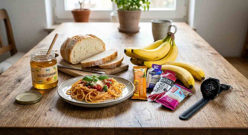 Schnelle Kohlenhydrate auf einem Tisch: Spaghetti, Bananen, Brot, Honig