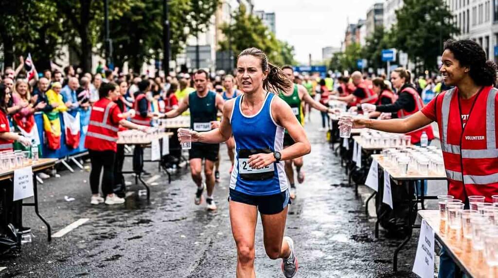 Verpflegung und Trinken beim Marathon Marathonläuferin nimmt an einem Verpflegungsposten einen Becher Wasser