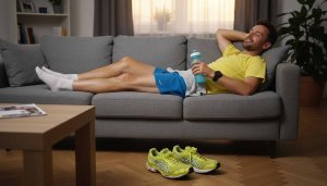 Läufer erholt sich nach einer Laufeinheit auf dem Sofa