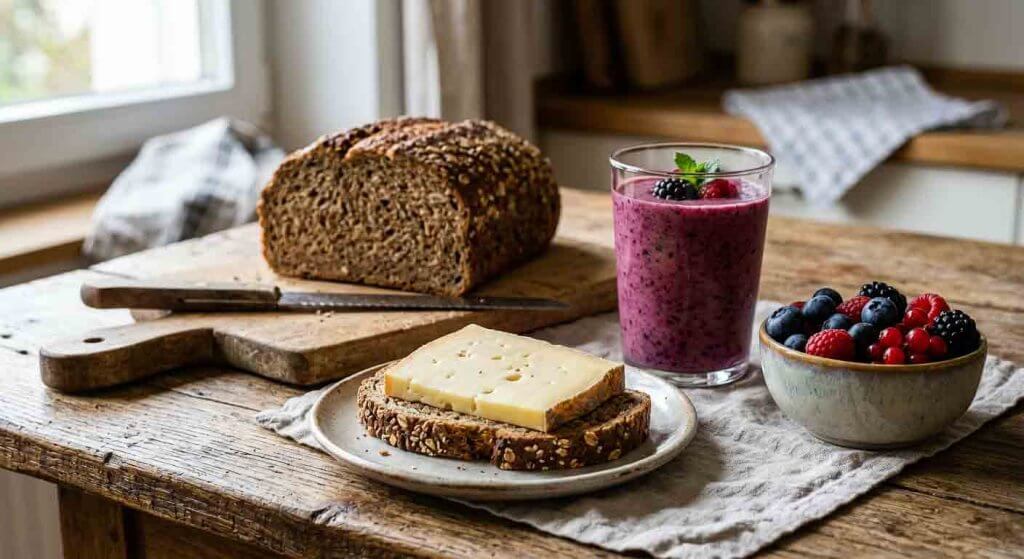 Vollkornprodukte frische Früchte Käse und Brot wichtig für die Regeneration