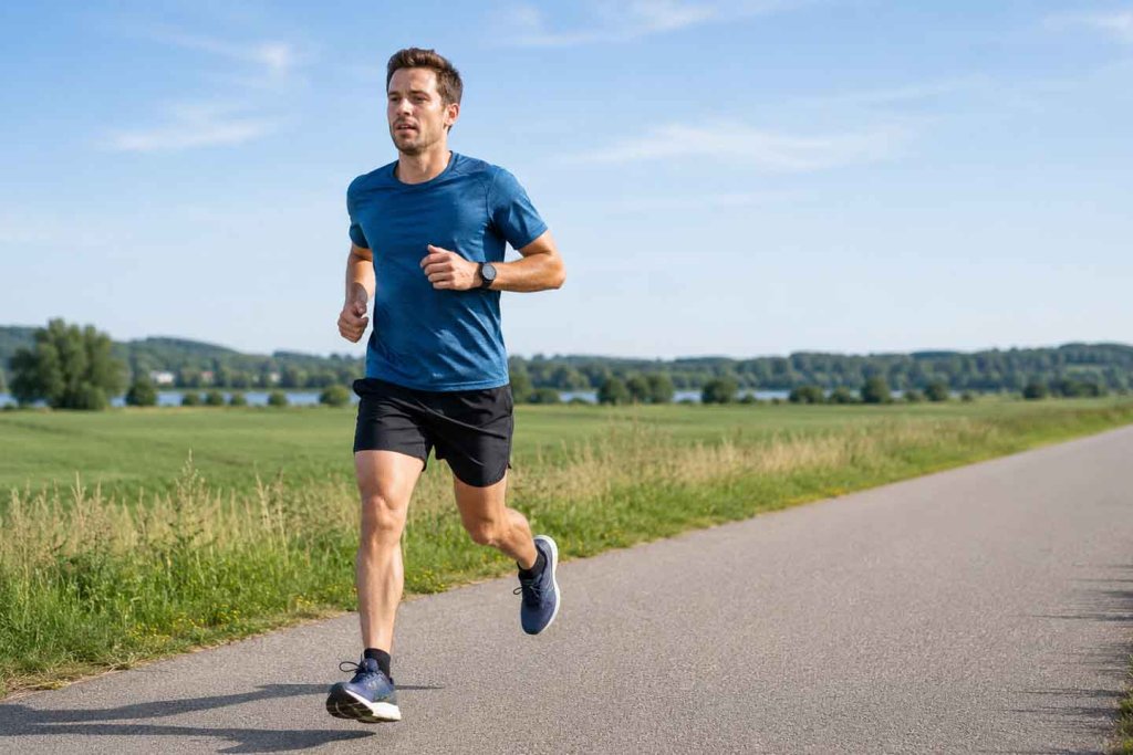 Läufer absolviert einen zügigen GA2-Trainingslauf auf einer asphaltierten Strecke