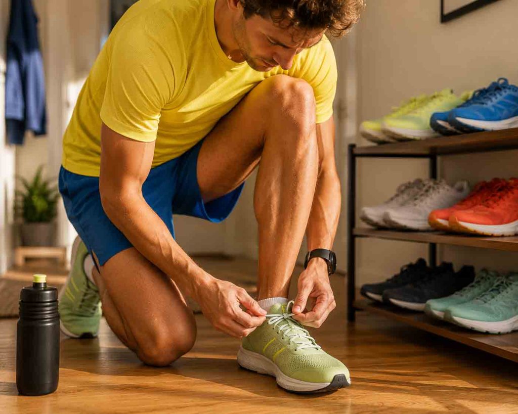 Laufanfänger schnürt seine Laufschuhe und startet mit lockerem Lauftraining
