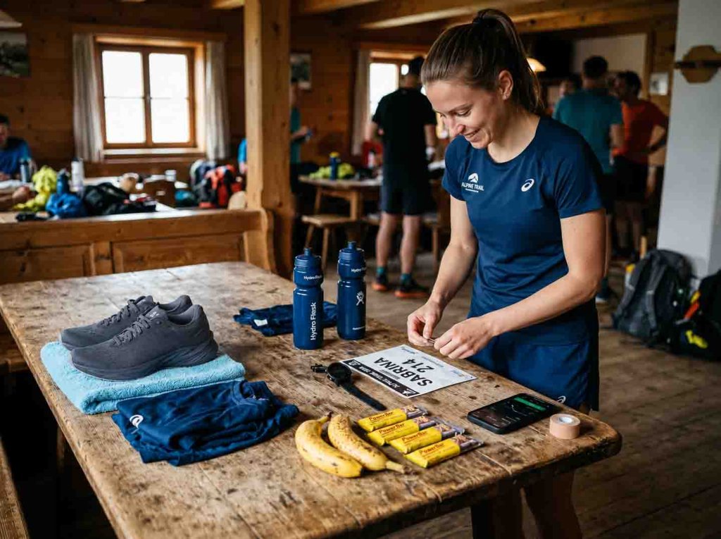 Gepackte Wettkampfausrüstung mit Laufschuhen und Pulsuhr vor dem Wettkampf