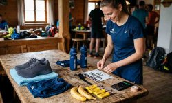 Gepackte Wettkampfausrüstung mit Laufschuhen und Pulsuhr vor dem Wettkampf