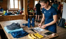Gepackte Wettkampfausrüstung mit Laufschuhen und Pulsuhr vor dem Wettkampf